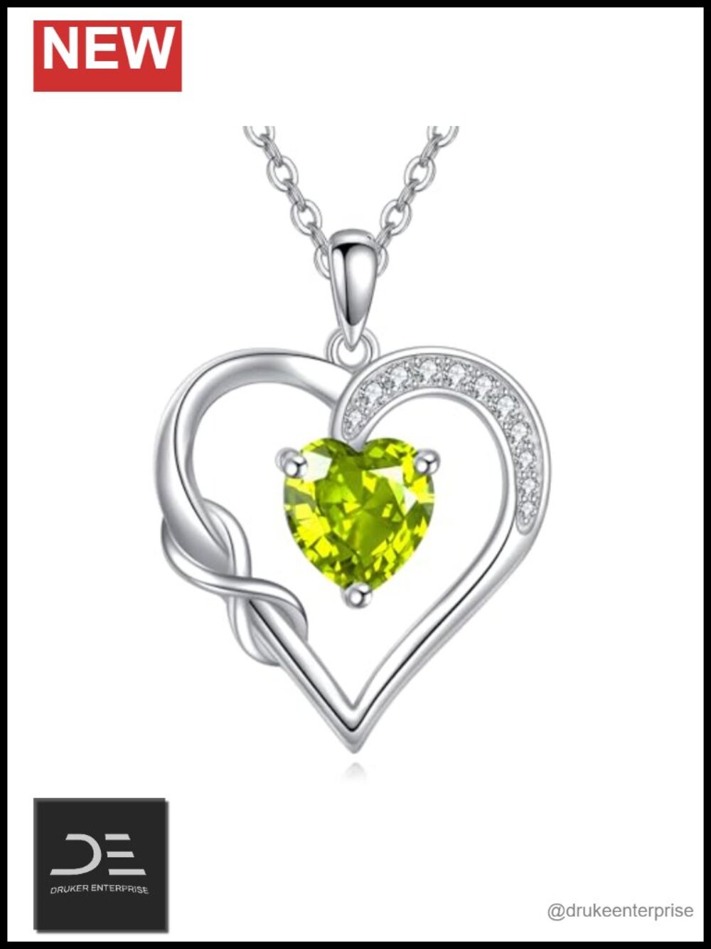 925 Sterling Silver Peridot Birthstone Necklace Infinity Heart Pendant Women